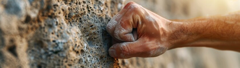 A climber's hand gripping a rocky surface, showcasing strength and determination in an outdoor climbing adventure.