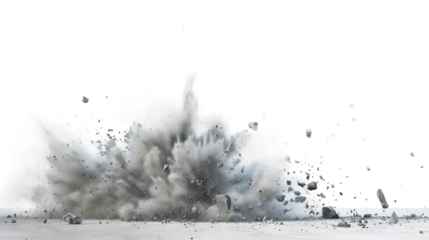 A dramatic image of a dust explosion with rock fragments flying in all directions against a white background