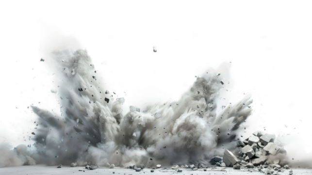 A powerful explosion sends a massive dust cloud and debris into the air during a demolition project