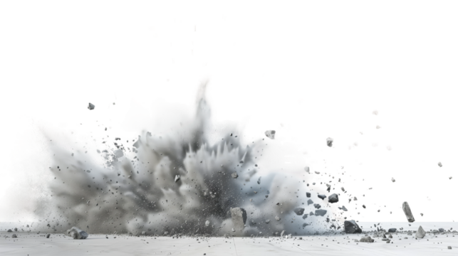 A dramatic image of a dust explosion with rock fragments flying in all directions against a white background