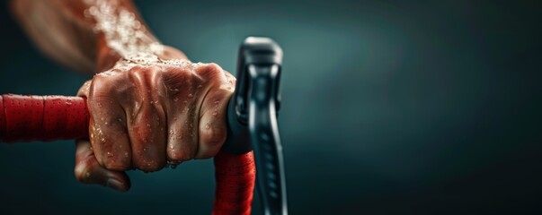 A cyclist's hand gripping the handlebar, showcasing strength and determination during an intense training session.