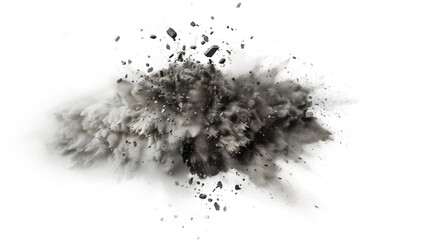 A close-up image of a gray and black explosion with dust and debris against a pure white background