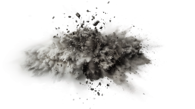 A close-up image of a gray and black explosion with dust and debris against a pure white background