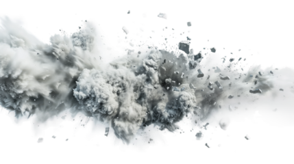 A large cloud of dust and debris is captured in mid-explosion against a white backdrop