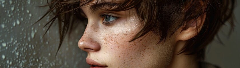 Obraz premium A young person with short hair staring out of a window, raindrops on glass, and a thoughtful expression.