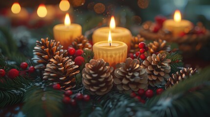 Festive Christmas candle centerpiece with glowing candles, pinecones, and red berries, creating a cozy holiday atmosphere.