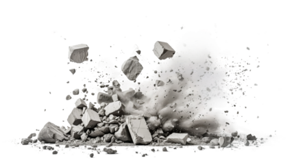 A close-up shot of a pile of broken gray concrete debris exploding outward on a white background