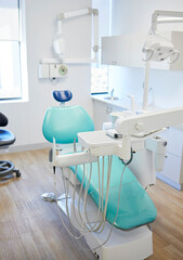 Empty, dentist and office for medical wellness, furniture for oral healthcare with machine....