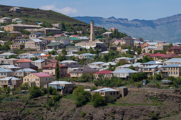 View of the modern part of the mountain village of Kubachi on a sunny May day. Dagestan, Russia