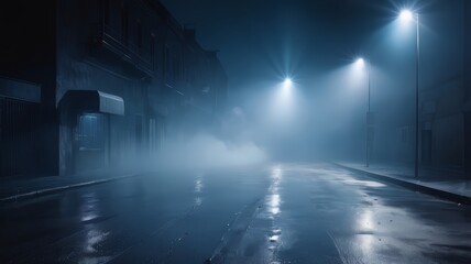 The atmosphere of the street at night is quiet with fog and smoke under the lights. Foggy night. Fog and smog, lights at night background