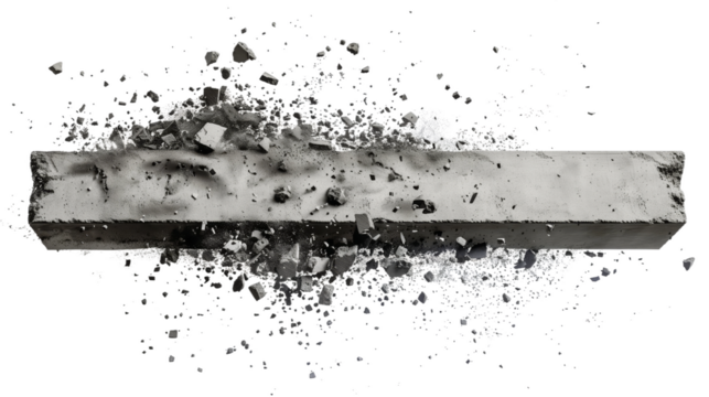A rectangular concrete block explodes into multiple pieces against a white background
