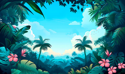 A lush, vibrant tropical rainforest scene with palm trees and pink flowers under a bright blue sky