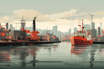 vintage style illusstrated harbor during sunset, harbor during sunset illustration