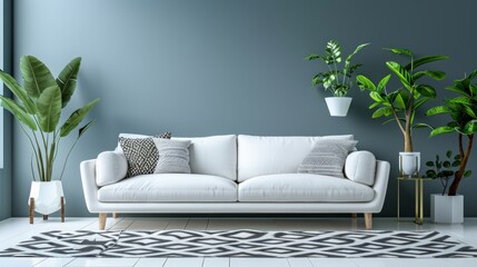 A minimalist living space featuring a stylish white sofa, a geometric rug, and potted plants for a fresh look.