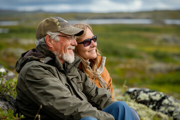 Fototapeta premium Couple of Travelers in a Tundra Landscape Wallpaper, Wallpaper Displaying Nature's Tranquility, Perfect for Vacation Themes