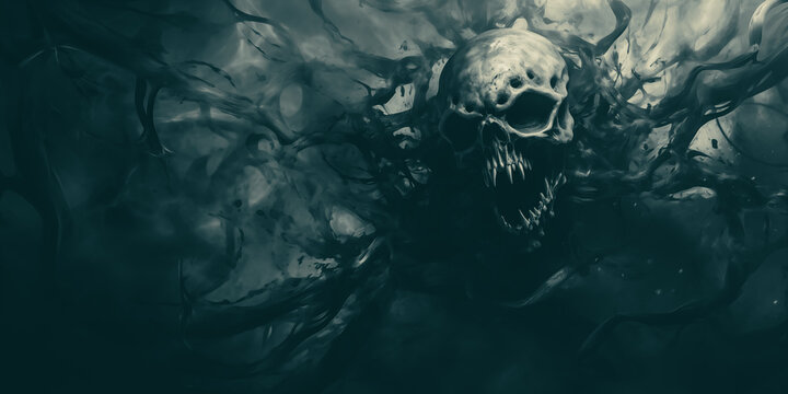 Mysterious and scary alien monster creature in a dark room with fog 