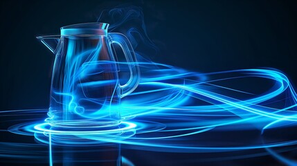 A transparent pitcher is surrounded by dynamic, glowing blue light swirls against a dark background, creating a futuristic and ethereal effect.