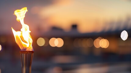 Blazing torch at sunset with a blurry background, symbolizing strength and warmth in a tranquil evening setting.
