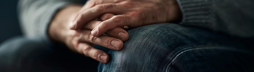 Fototapeta premium Close-up of a person's hands resting on their lap, wearing jeans and a sweater, conveying a sense of contemplation and rest.