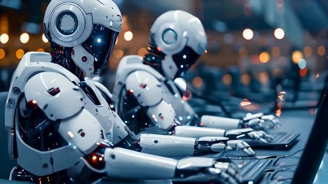 Artificial intelligence robot working at computer in office. IT team, humanoid support center, futuristic worker