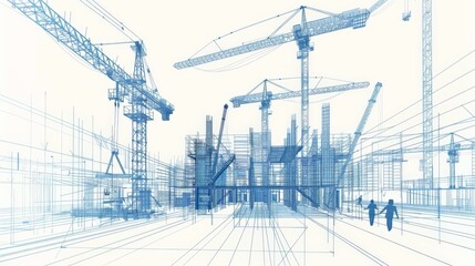 Dynamic construction site with cranes, workers, and an architect, all illustrated in a modern wireframe style