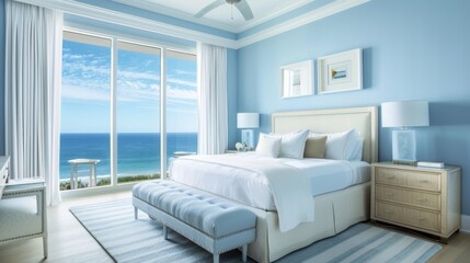 A serene bedroom with light blue walls, a comfy bed with white linens, and a view of the ocean through large windows.