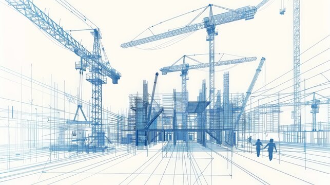 Dynamic construction site with cranes, workers, and an architect, all illustrated in a modern wireframe style