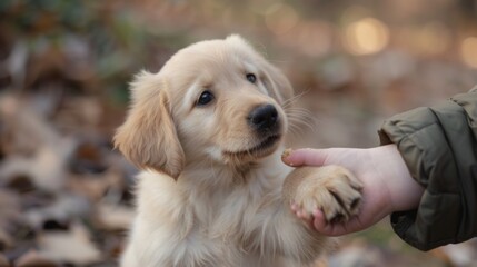 A puppy learning to shake hands, with a treat as a reward, showcasing its intelligence and cuteness.