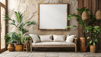 Blank mockup of a wall art print in a cozy, warm interior with houseplants and wooden decor