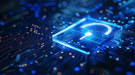 Fototapeta premium A glowing padlock over a digital circuit board, representing cybersecurity, data protection, and information security technology.