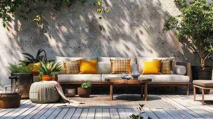 Fototapeta premium A stylish outdoor patio with a weather-resistant sofa, throw pillows, and potted plants creating a relaxing space.