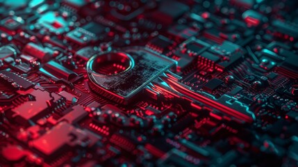 Fototapeta premium A metallic key resting on a vibrant circuit board, symbolizing cybersecurity, encryption, and data protection in a technological setting.