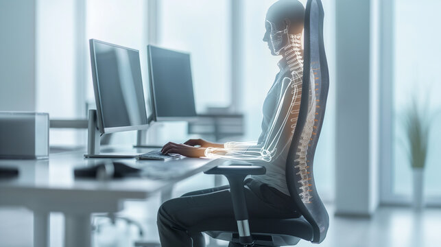 Korrekte Sitzposition im B&uuml;rostuhl am Computerarbeitsplatz B&uuml;roarbeitsplatz als Rollstuhlfahrer R&uuml;ckenprobleme Sitzhaltung Rollstuhl mit transparenter Wirbels&auml;ule Belastung Generative AI
