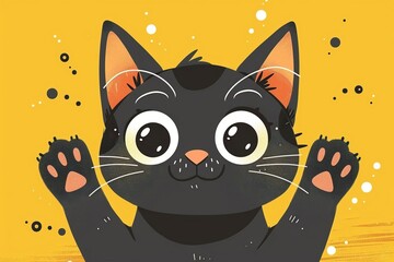 A cute black cat with wide open eyes and raised paws. The cat is set against a simple yellow background.