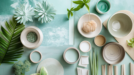 Green and Beige Ceramic Tableware with Botanical Elements