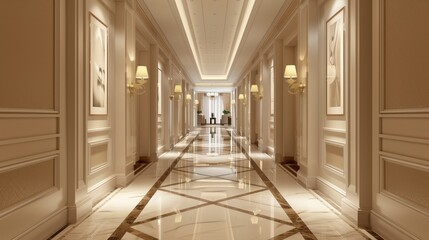 A high-end hotel corridor boasting cream walls, chandeliers, and ornate floor patterns Image exudes sophistication and luxury