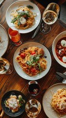 A variety of pasta dishes with garnishes and wine on a wooden dining table, perfect for a gourmet meal