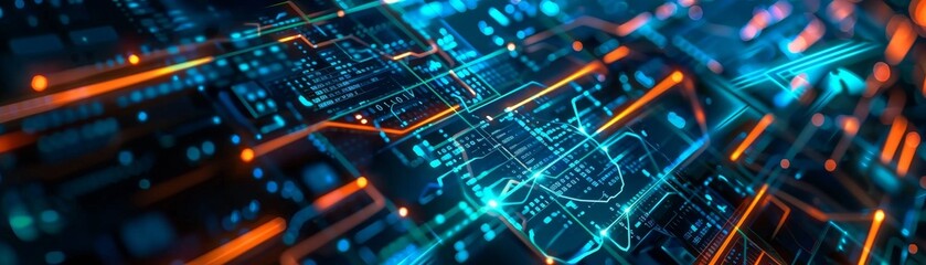 Fototapeta premium Abstract digital circuit board with neon lights, representing technology and futuristic data processing.