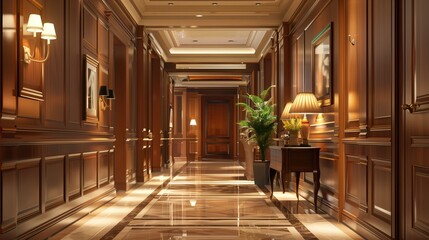 Obraz premium Inviting hotel hallway with warm wooden panels, ambient lighting, and cozy furnishings Conveys a sense of hospitality