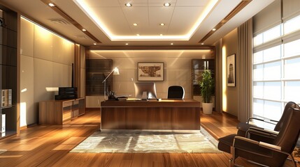 Detailed image of a premium office interior with a desk, shelves, and warm lighting, portraying a sense of success