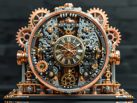 recommend clip art: An intricate steampunk clockwork device with gears, cogs, and a clock face. The device is made of metal and has a copper finish. It is mounted on a black wooden base. Generative ai.