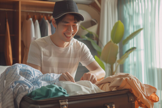 Young man packing his vacation travel bags, asian packing his luggage with anticipation and joy, carefully choosing items for his trip