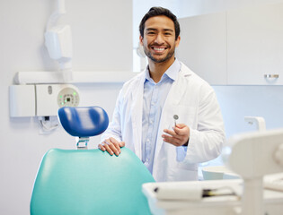 Dentist, portrait and mouth mirror in clinic for consultation, oral hygiene or medical procedure. Service, smile and man doctor with equipment for teeth examination, orthodontics or dental care