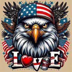 A bald eagle design colours drawing graphic with a hat and US American flags eyecatching illustrator.