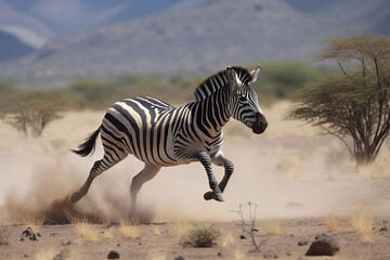 zebra running in the savannah