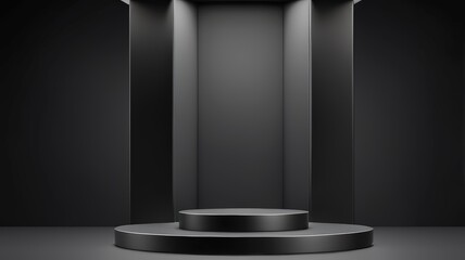 3D podium black with dark background. Black podium or pedestal display on dark background with long platform. Blank product shelf standing backdrop. 3D rendering.. 