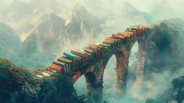 The photo shows a bridge made of books. The bridge is located in a mountainous area and is surrounded by clouds.