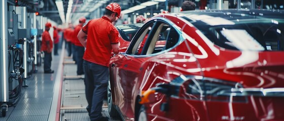 A worker in a red shirt inspects a red car on the assembly line in a factory