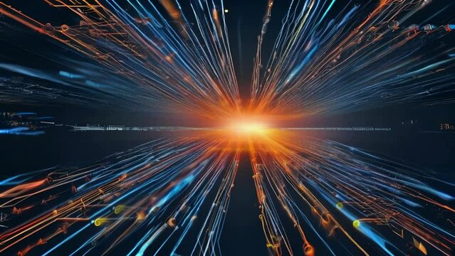 Internet data transmission,Digital background,A large number of light connections connected to a 3-dimensional point,Cybernetics,simply lit in orange and blue.Black color empty space and background