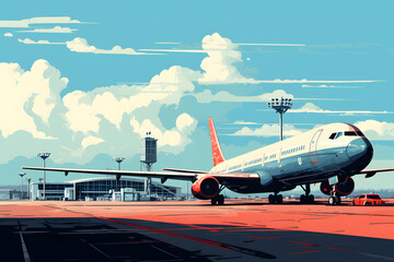 vintage style illusstrated airport during sunset, airport, airtraffic, airplanes
